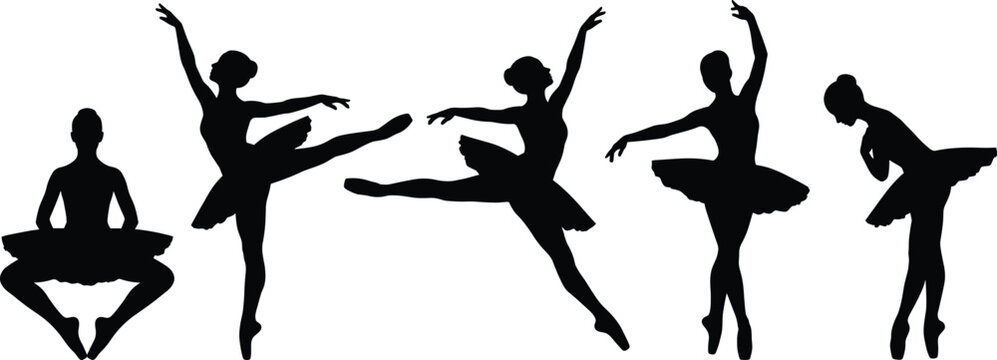 Ballerina silhouettes vector, set of graceful ballet dancer poses, tutu performance elements
