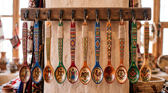 Hand-painted wooden souvenir spoons displayed on a market rack.