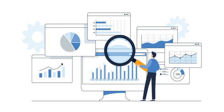 business man analytics and monitoring on web report dashboard monitor concept and flat vector illustration design data analytics research for business finance planning.