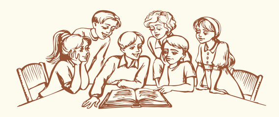 Obraz premium Vector drawing. Kids reading a book