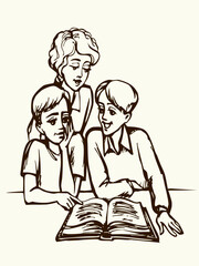 Obraz premium Vector drawing. Kids reading a book