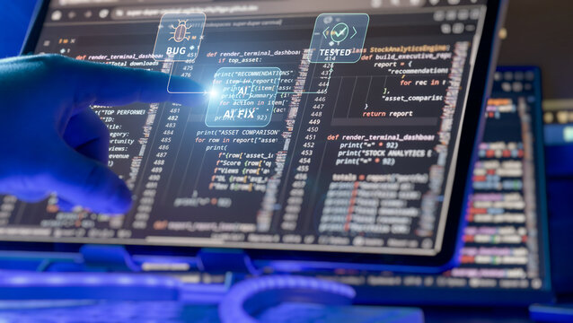 AI Bug Detection and Automated Code Fixing Interface with Software Testing and Programming Workflow on Developer Screen