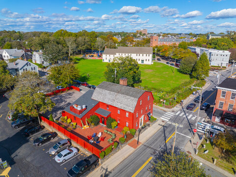 White Horse Tavern aerial view. This house was built in 1673, is the oldest continuously operating tarvern of the nation in Newport, Rhode Island RI, USA.
