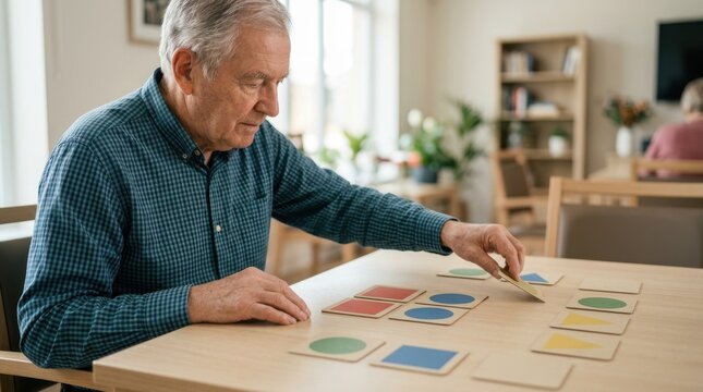 Elderly man doing memory exercise for dementia care. Senior matching geometric cards
