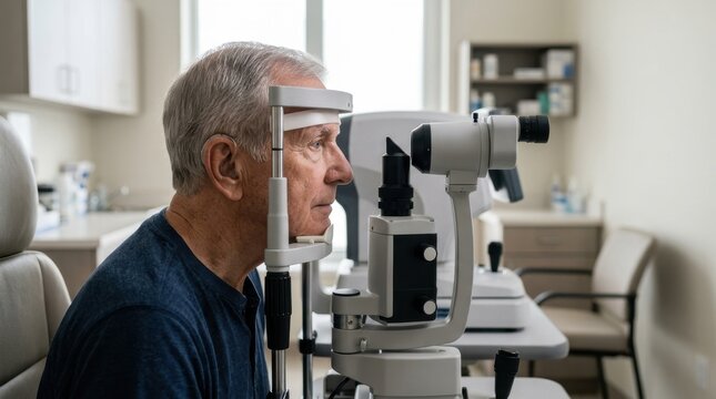 Elderly man undergoing a glaucoma eye pressure test. Senior patient in an optometry clinic