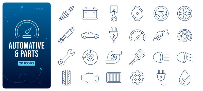 Professional automotive and car parts line icon set for vehicle maintenance, repair, and diagnostics kit