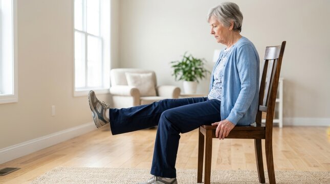 Elderly woman doing leg extension exercise on chair at home. Senior female patient in physical therapy for knee arthritis