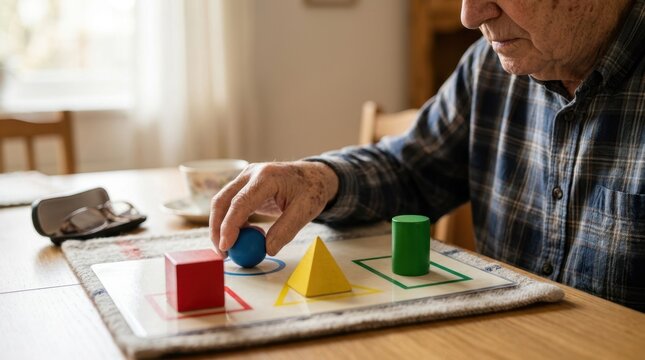 Elderly man doing cognitive memory exercise with wooden shapes. Senior patient playing matching game for dementia therapy