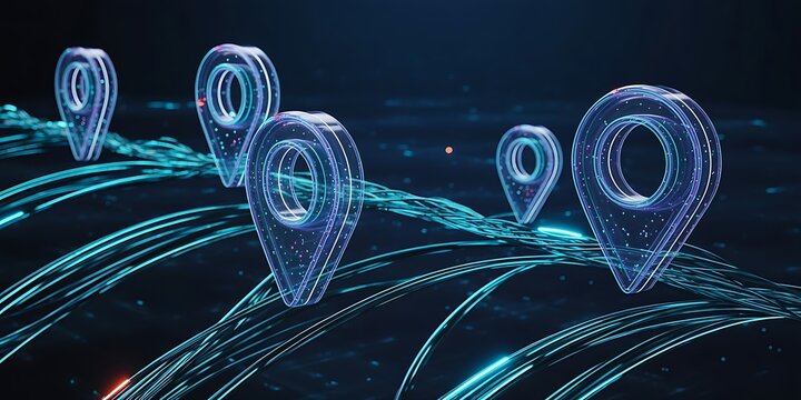 Multiple glowing digital location pins connected by fiber optic data streams in dark abstract network environment for global connectivity concepts
