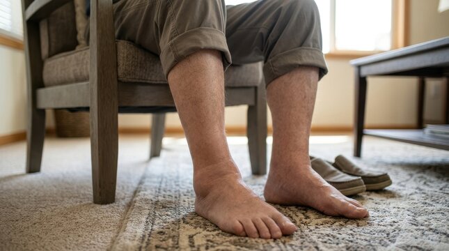 Close up of swollen ankles and bare feet of a senior man sitting in a chair. Elderly male patient suffering from edema and fluid retention at home. Medical and healthcare concept