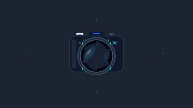 Modern flat illustration of a digital camera with focus frame and shutter blades on a dark background, representing professional photography, media technology, and content creation concept.