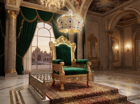 Majestic golden throne with a floating jeweled crown in a luxurious palace hall