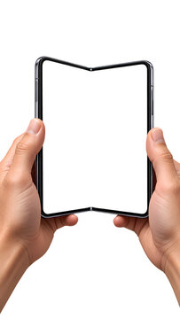 Two hands hold an open foldable smartphone upright in a centered front view with a blank transparent screen, isolated in vector style, showing flexible display technology and mobile interaction