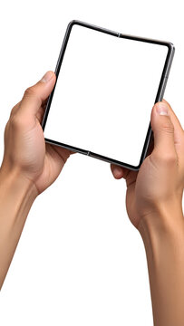 Two hands hold an open foldable smartphone facing forward with a blank transparent screen, isolated in vector style, showing flexible display technology, mobile interaction and modern device design