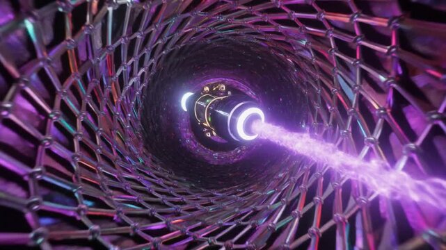 Sci-Fi Space Drone Firing Purple Plasma Energy Beam inside Nanotube Tunnel