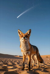Obraz premium Wonder and discovery concept, red fox standing in desert sand dunes looking at a shooting star in the night sky with celestial magic and exploration