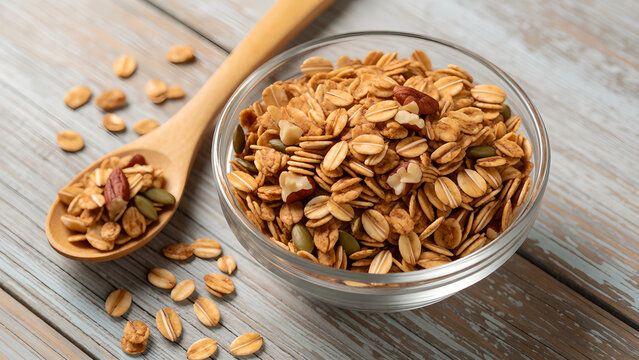 Healthy Homemade Granola Cereal with Oats, Nuts, and Seeds in a Glass Bowl.
