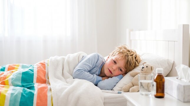 Sick child in bed looking unwell and resting under a colorful blanket  