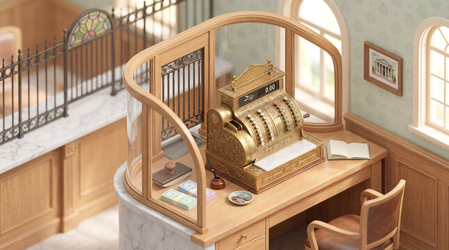 Antique brass cash register on a wooden desk inside a vintage bank teller booth with marble counters, iron railings, and arched windows