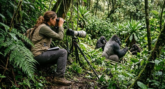 Female Wildlife Researcher Observing Mountain Gorilla Family with Binoculars in Dense Tropical Rainforest