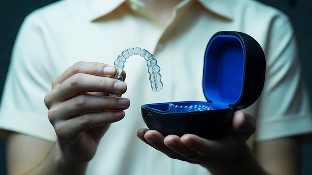 Person holding a clear plastic dental aligner tray and a dark blue storage case for orthodontic teeth straightening treatment and oral hygiene