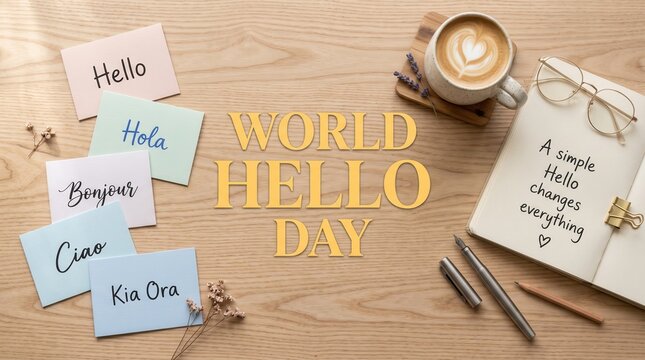 Hello day flat lay with greeting cards in multiple languages and a cup of coffee on a wooden table surface