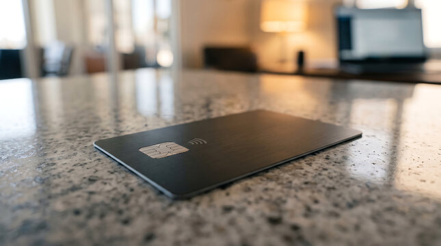 Close-up macro shot of a blank matte black debit card with an embedded emv chip, resting on a speckled granite countertop surface