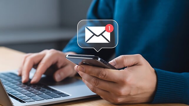 Professional Using Mobile Device with Digital Email Notification Icon for Efficient Business Communication and Digital Workflow Management