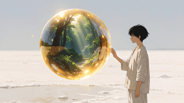 Contemplative Figure Interacting with a Golden Orb Revealing a Magical Forest Scene.