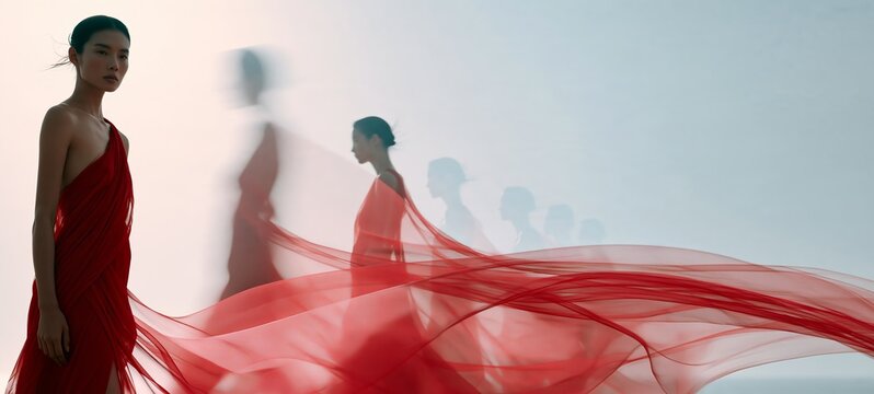 Contemporary Fashion Campaign with Elegant Woman and Translucent Emotional Motion Trails in Crimson Red and Pink Against Minimalist Ivory Background
