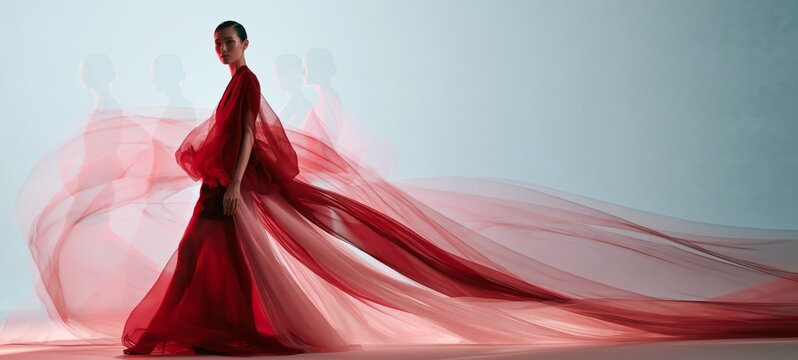 Contemporary Fashion Campaign with Elegant Woman and Translucent Emotional Motion Trails in Crimson Red and Pink Against Minimalist Ivory Background
