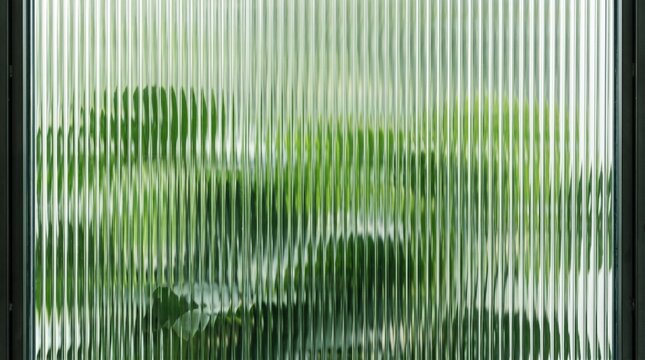 Monstera leaves blurred through vertical fluted ribbed glass background