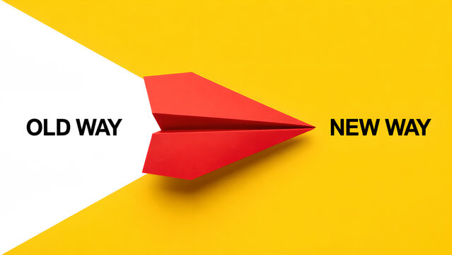 Red paper airplane flying from OLD WAY to NEW WAY, symbolizing change and progress.