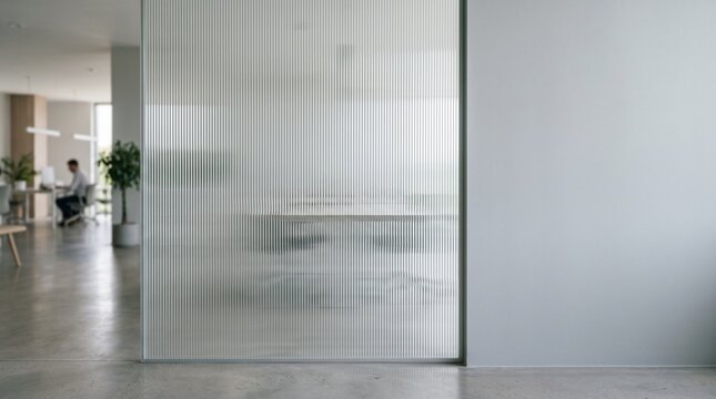 Fluted glass wall partition panel in modern minimalist office
