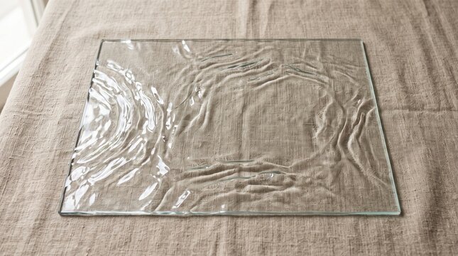 Rippled cathedral water glass sheet over beige linen fabric flat lay