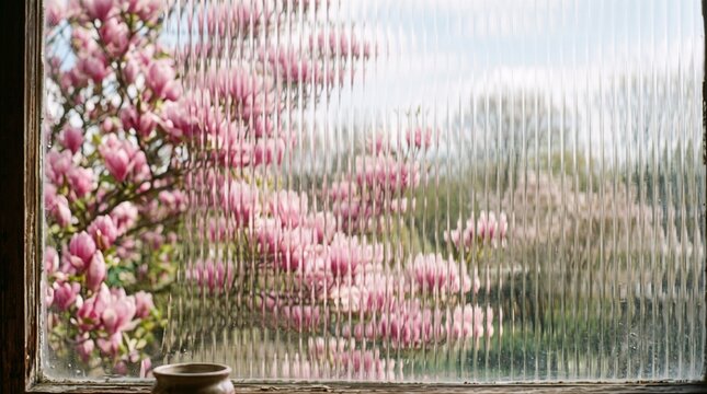 Pink magnolia flowers softly blurred through fluted ribbed window