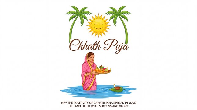 Creative Calligraphy of Chhath Puja and women praying of sunrise and bathing in holy river of Bihar