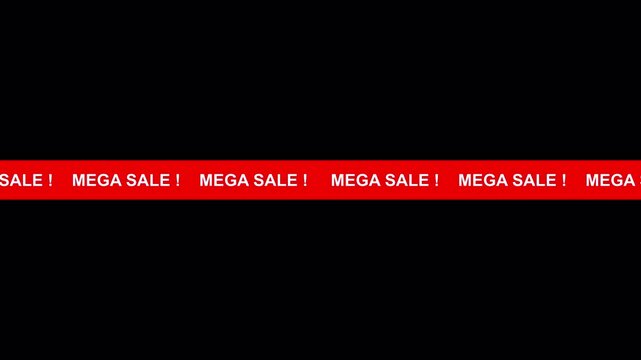 mega sale banner ticker scrolling text on black background. red scrolling ticker tape with white text.