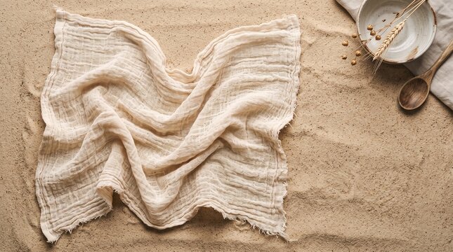 Unbleached cotton gauze cheesecloth wrinkled fabric flat lay