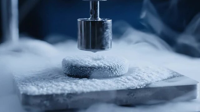 Liquid Nitrogen Freezing a Donut on a Plate, Creating a Frosty, Vaporous Effect. Food Science Demonstration Footage.