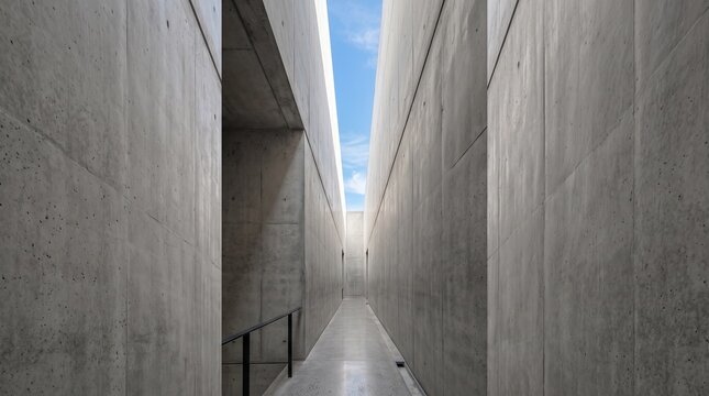 Vertical narrow light slot between two tall smooth concrete walls
