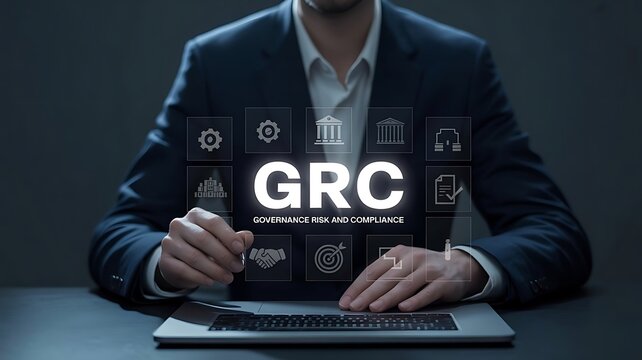 GRC Governance Risk and Compliance integrated digital icons on a dark background with a man in the foreground