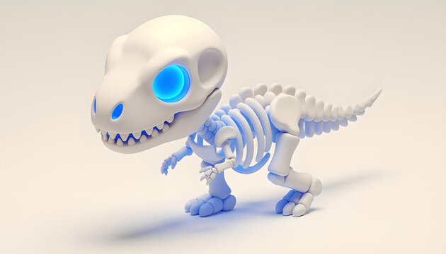 Playful 3D Rendered Tyrannosaurus Rex Skeleton with Bright Blue Eyes.