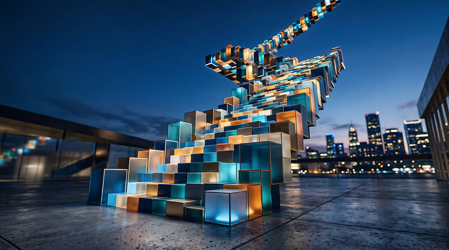 Low angle view of a floating, spiraling structure made of glowing, translucent blue and orange cubes against a twilight city skyline
