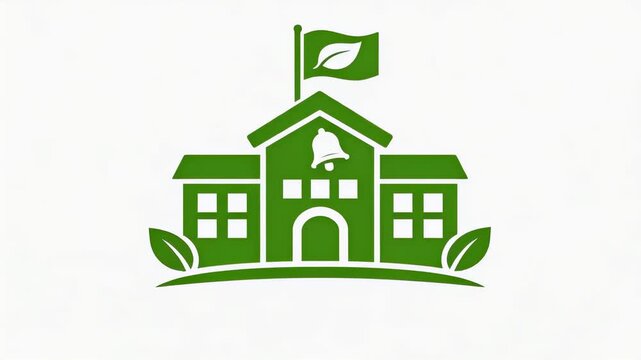 Green eco school icon subtly zooming in and centering on a white background. minimalist education logo with leaves, bell and flag for sustainable branding.