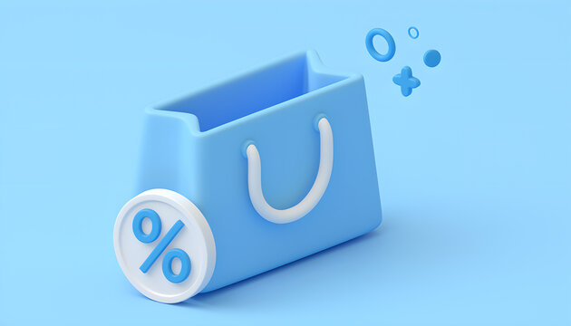 E-commerce Promotion 3D Shopping Bag Icon with Discount Percentage Symbol.