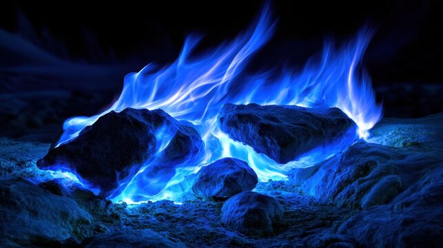 A mesmerizing display of blue flames dancing around jagged rocks in a dark environment
