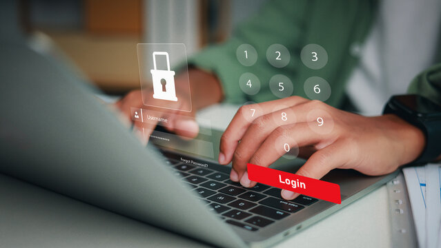 Businessman typing on laptop keyboard with cybersecurity login overlay, padlock icon, and password access pin code. Male user entering secure credentials for privacy protection in office.