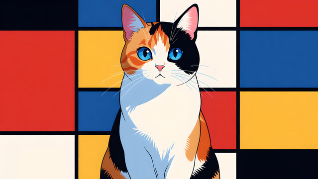 Charming Calico Cat with Bright Blue Eyes Against a Modern Abstract Grid Background.