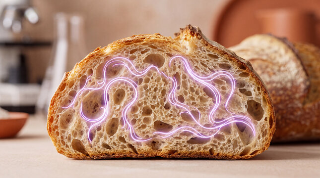 Sourdough bread slice with glowing purple crumb lines
